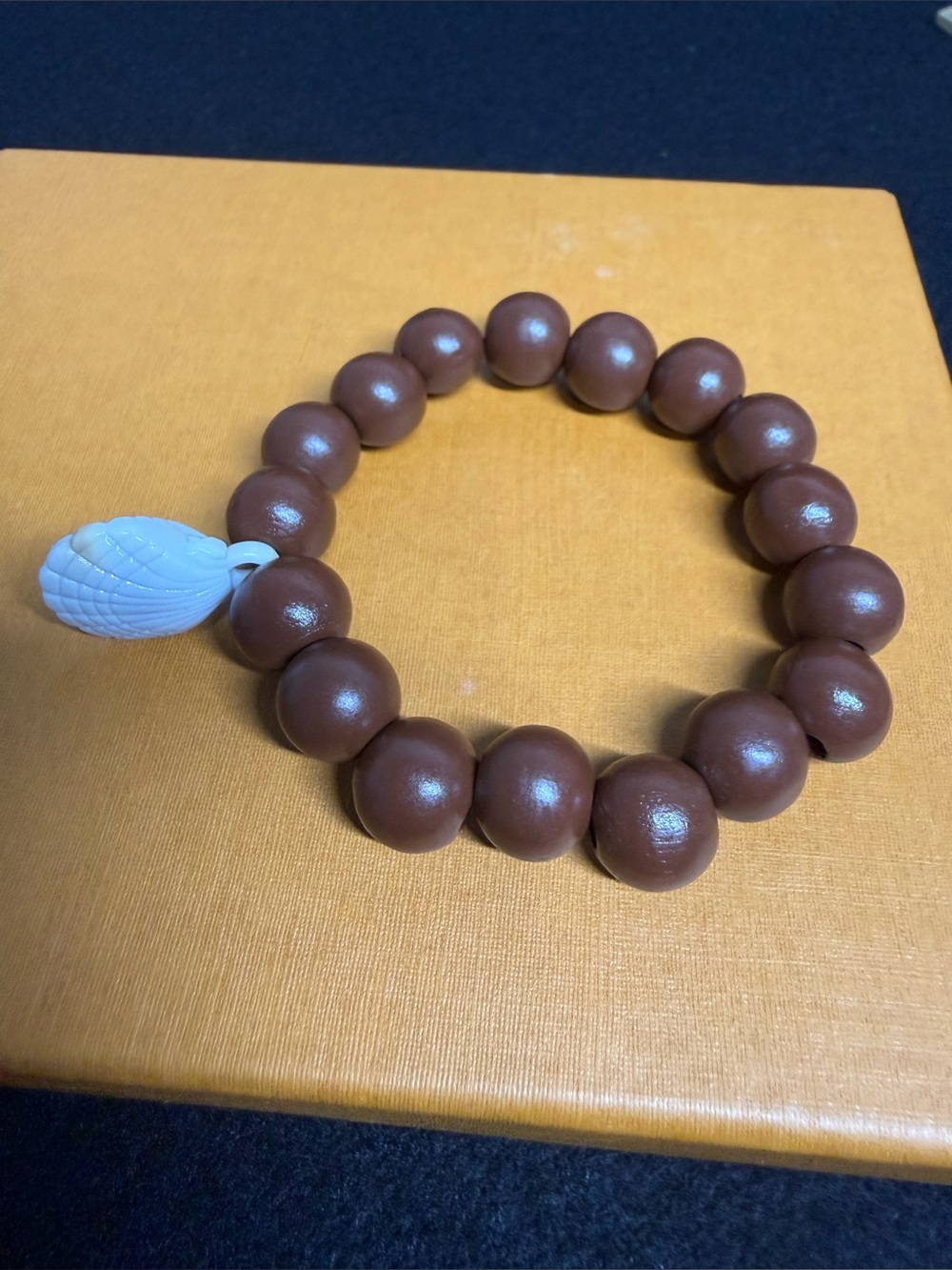 Vintage Italian Wooden Beaded Bracelet Brown Round Beads White Carved Charm